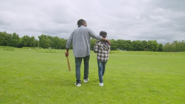 Vista trasera de la familia negra unida caminando en el parque antes del partido de béisbol — Vídeos de Stock