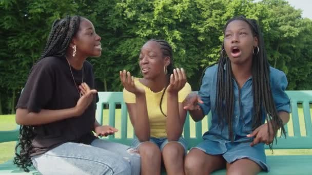 Наголошені милі чорні дівчата-підлітки сперечаються про щось в парку — стокове відео