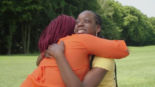 Gelukkig schattig zwart tiener meisje omarmen mam met liefde in park — Stockvideo