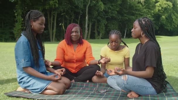 Calm black mom and teenage daughters in lotus position practicing yoga meditation outdoors — Stock Video