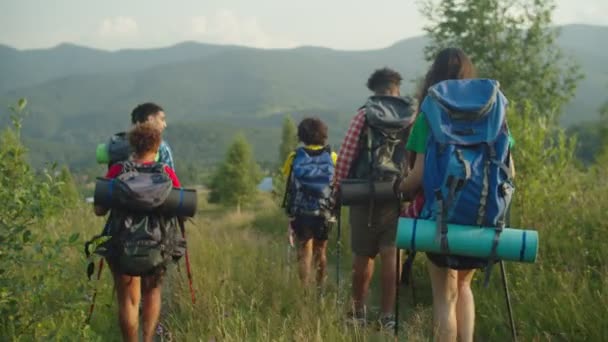 Diverse multi-etnische backpackers met wandelpaaltjes dalend bergpad bij zonsondergang — Stockvideo