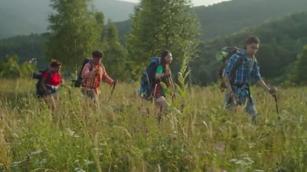 Vårdande manliga vandrare hjälpa kvinnliga backpackers att övervinna hinder på bergsvandring — Stockvideo