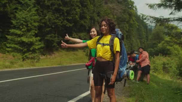 Alegre encantador multiétnico mujeres viajeros autoestop en carretera de montaña — Vídeos de Stock