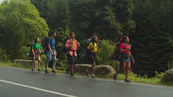 Positiva olika mångkulturella backpackers njuter av natursköna berg natur under vandringen — Stockvideo