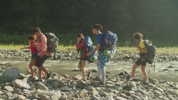 Senderistas multiétnicos positivos y diversos con mochilas trekking en las montañas — Vídeo de stock