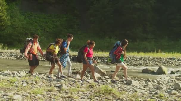 Group of positive diverse multiethnic backpackers hiking near mountain river — Stock Video