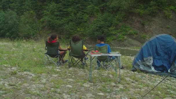山の川岸のキャンプ場でリラックスした幸せな多様な人種の観光客の後部ビュー — ストック動画