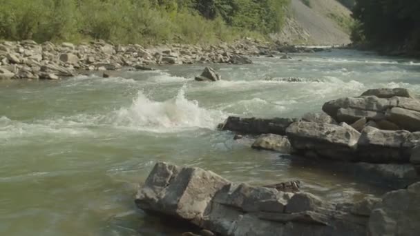 Wisatawan laki-laki paruh baya berenang di sungai pegunungan kasar pada liburan musim panas — Stok Video