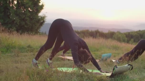 Активная спортивная форма многоэтнических женщин, практикующих йогу на вершине горы на рассвете — стоковое видео