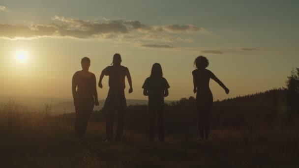 Fröhlich sorgenfrei diverse Freunde, die Spaß haben, bei Sonnenuntergang auf den Gipfel zu springen — Stockvideo