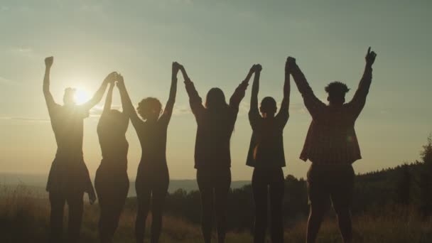 Silhueta de diversos amigos multirraciais em pé com os braços levantados no pico da montanha ao pôr do sol — Vídeo de Stock