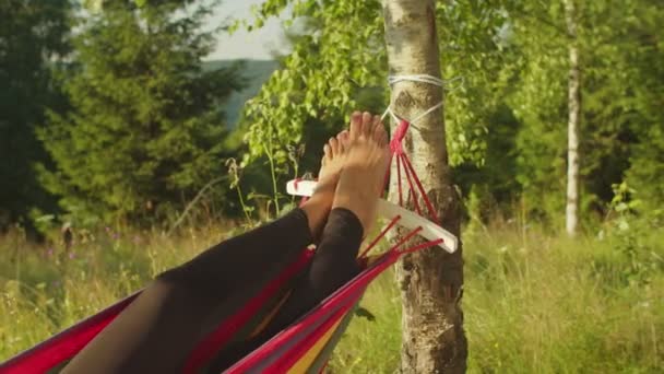 Zbliżenie czarny kobieta boso nogi leżące w hamak nad malownicze natura — Wideo stockowe