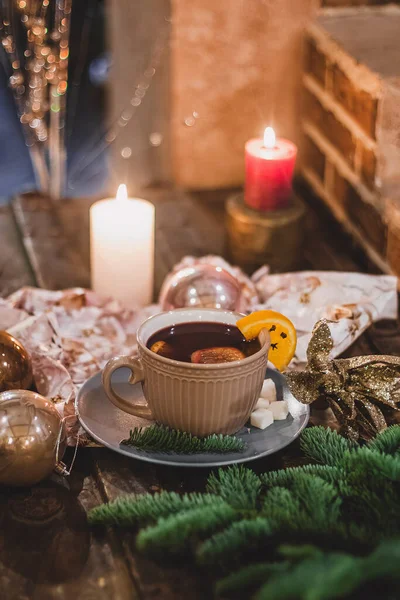 Bevanda Calda Rossa Glintwein Con Spezie Cannella Anice Frutta Zucchero — Foto Stock