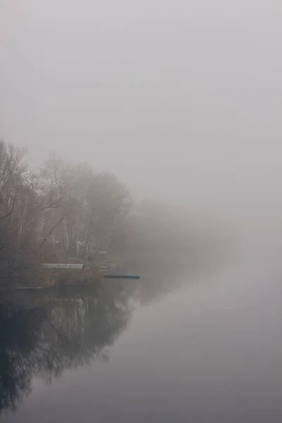 Ранок Річці Ранковий Туман Очерету Поверхня Води Річці — стокове фото