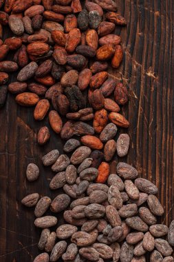 Çiğ kakao çekirdeği. Kahverengi arka planda iki tip Venezuela..