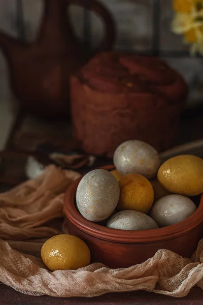 Pewarna Alami Untuk Telur Paskah Kunyit Dan Bit Pada Latar — Stok Foto