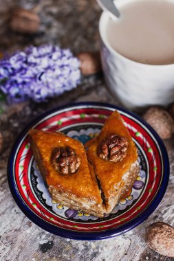 Çeşitli baklavalar. Arka planda kahve fincanı olan dekoratif tabakta Türk ramazanı tatlı bir Arap tatlısı. Orta Doğu gıda baklavası, fındık ve bal şurubu..