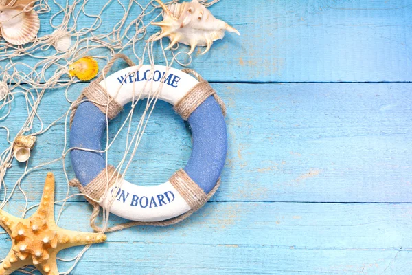 Playa vacaciones marino viaje fondo concepto en tableros azules —  Fotos de Stock