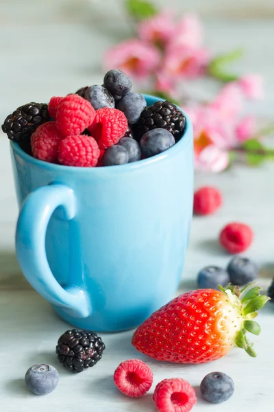 Berries spring fruits on blue wooden boards abstract still life — Stock Photo, Image