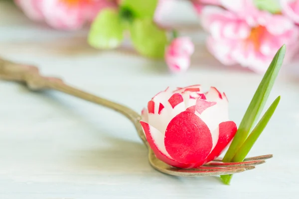 Radish and chives on the fork spring food background concept — Stock Photo, Image