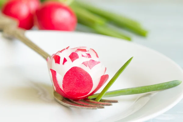 Retek és a metélőhagyma villát tavaszi étel háttér koncepciója — Stock Fotó