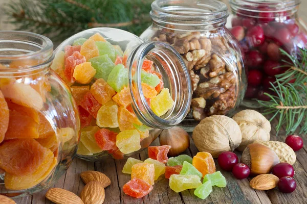 Weihnachts Nüsse Und Trockenfrüchte Mischen Sich Gläser Sortiment Delikatessen — Stockfoto