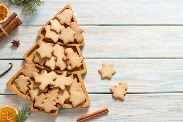 Homemade Christmas Cookies Christmas Tree Shaped Bowl Light Wooden Background — Stock Photo, Image