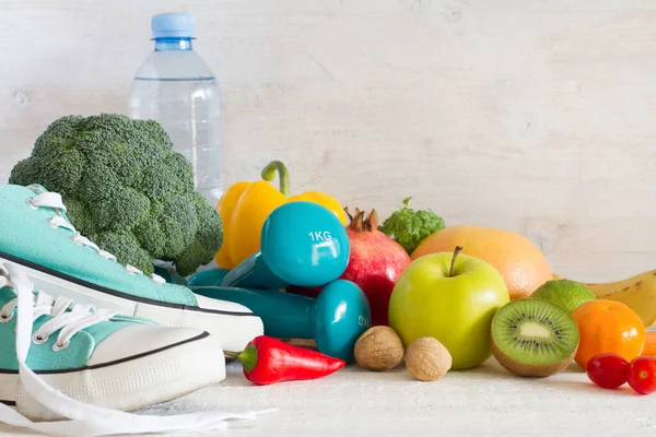 Vegetables Fruits Dumbbells Sneakers Healthy Lifestyle Concept — Stock Photo, Image