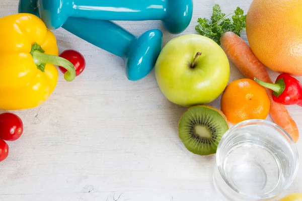 Verduras Frutas Agua Pesas Fondo Concepto Estilo Vida Saludable —  Fotos de Stock