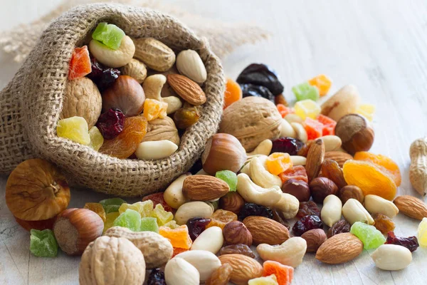 Mix Nuts Dried Fruits Light Background — Stock Photo, Image