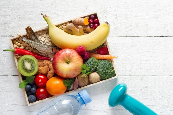 Healthy Food Tray Dumbbells White Wooden Background Balanced Diet Concept — Stock Photo, Image