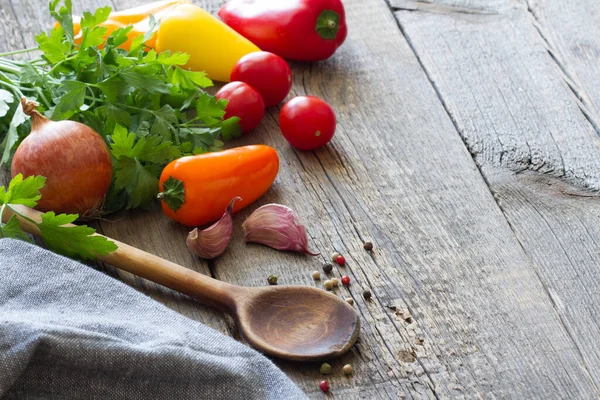 Cuchara Madera Alimentos Ingredientes Fondo Tablas Viejas — Foto de Stock