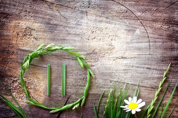 Pauze Symbool Van Gras Oude Houten Achtergrond Ontspannen Natuur Concept — Stockfoto