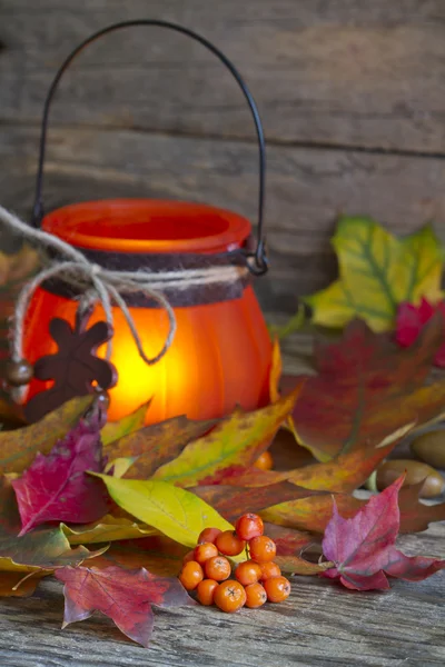 Autumn leaves with lantern abstract background — Stock Photo, Image