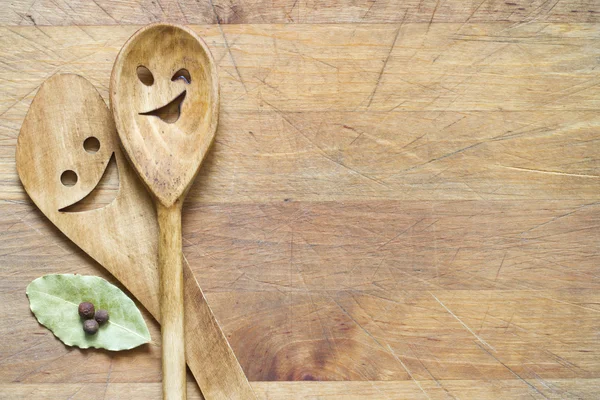 Wooden kitchenware on cutting board abstract food background — Stock Photo, Image