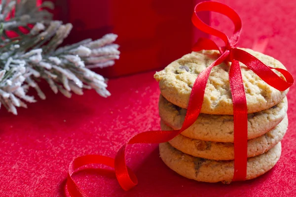 Christmas cookies with red ribbon closeup — Stock Photo, Image