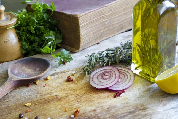 Retro table in kitchen food abstract background concept — Stockfoto