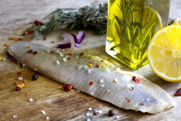 Herring fillet in oil vintage still life food background concept — 图库照片