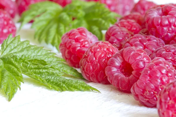 Raspberry with green leaves on white background closeup — Stock Photo, Image