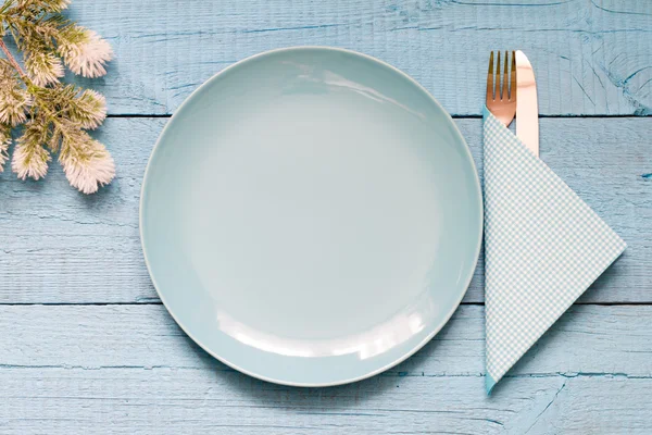 Christmas table and empty plate background — Stock Photo, Image