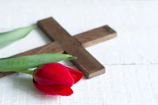 Tulipán rojo de Pascua y cruz sobre tablas blancas —  Fotos de Stock
