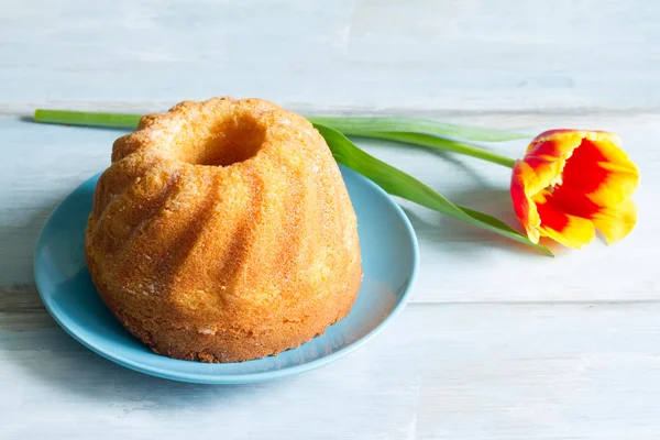 Gâteau de Pâques et tulipes de printemps — Photo