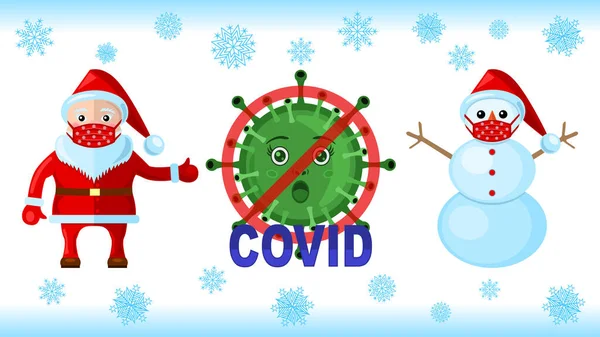 Coronavirus, Χιονάνθρωπος Santa Klaus με ιατρικές μάσκες — Διανυσματικό Αρχείο