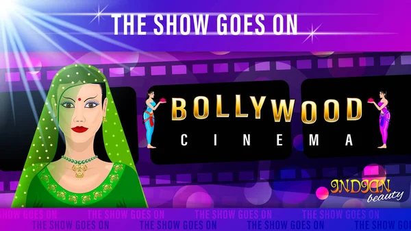 Bollywood iscrizione in oro, donna di bellezza nel banner grafico sari — Vettoriale Stock