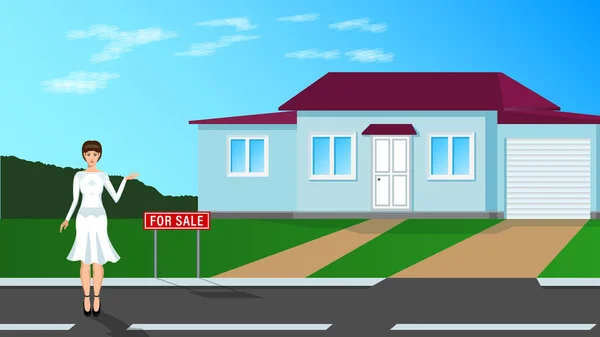 Real estate agent, young woman stands and shows house. — Stock Illustration Real estate agent, young woman stands and shows house. Stock Vector