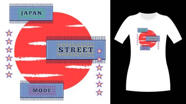 Japon sokak modu dikdörtgen kot yama baskı tişörtü