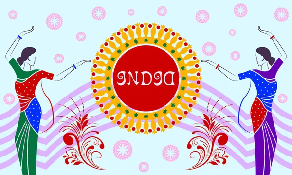 Indian women in national costumes dance on pattern mandala background. Hand drawn color vector, illustration. — ストックベクタ