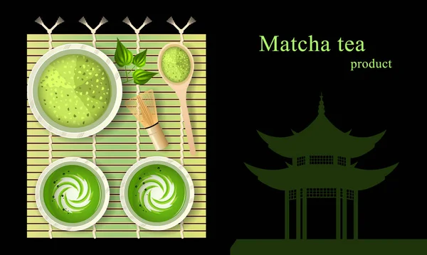 Té verde matcha con leche en tazas sobre estera de bambú — Archivo Imágenes Vectoriales