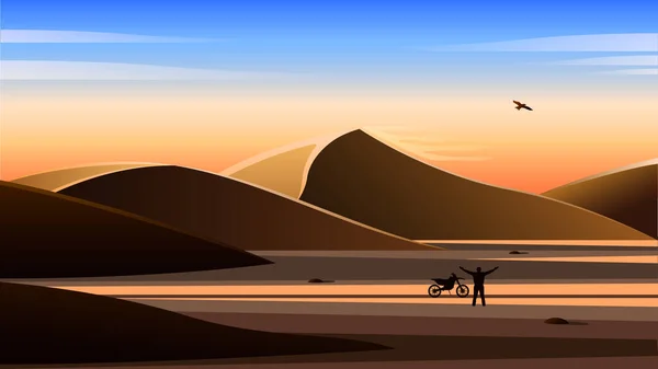 Hombre con una motocicleta en el desierto, Paisaje realista. Vector De Stock
