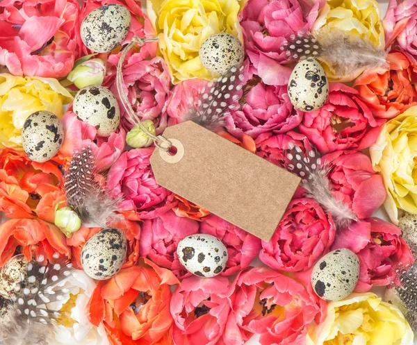 与春天郁金香花鸡蛋复活节装饰 — 图库照片